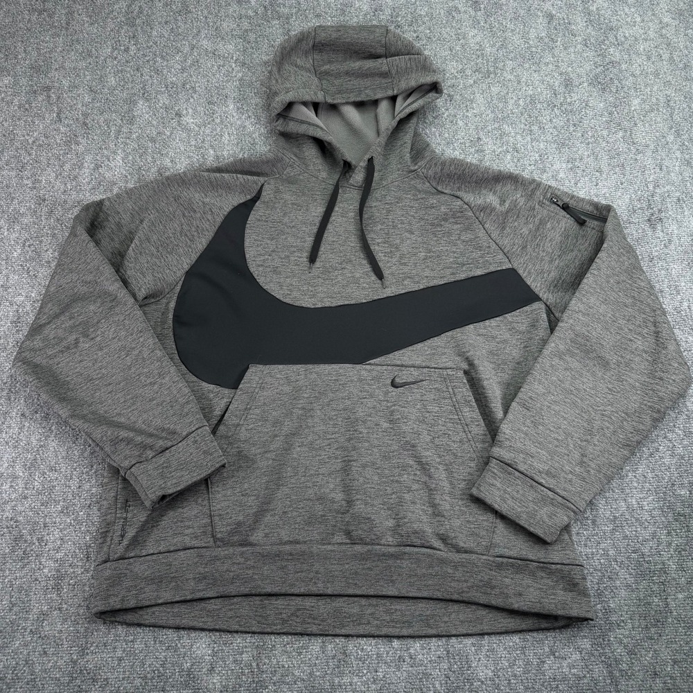 Nike Hoodie Men XL Charcoal Black Oversized ThermaFIT Big Swoosh Fleece Pullover